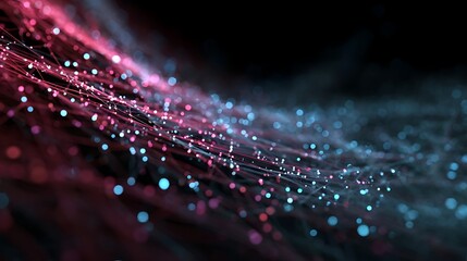 Floating particles around luminous 3D lines tech pink blue grey glowing network abstract background