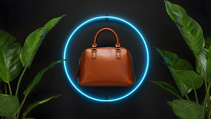 Elegant brown leather handbag surrounded by a vibrant blue neon light and lush green plants against a dark background creating a stylish and modern aesthetic