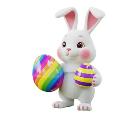 Adorable cartoon easter bunny holding a vibrant rainbow egg and a striped egg against a black background