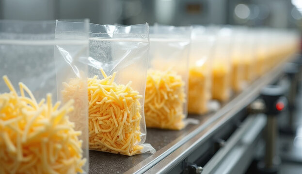 Automated production line with transparent plastic bags filled with shredded cheese. Sealed packages reflect efficiency, hygiene, and modern food processing standards