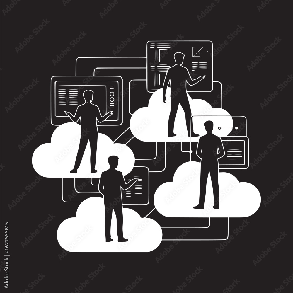 Aufkleber silhouetted figures on clouds interacting with screens in a connected network illustration style ima