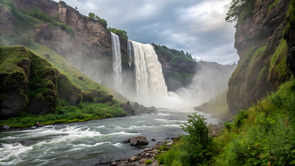 Majestic waterfall cascading down a rocky cliff into a rushing river