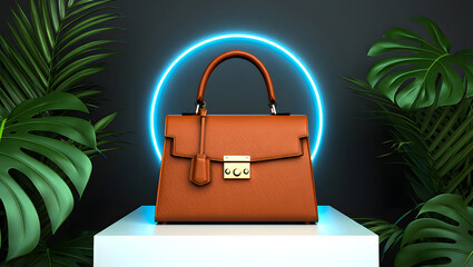 Elegant brown leather handbag with gold accents displayed against a neon circle and tropical foliage backdrop luxury style fashion accessory promotion
