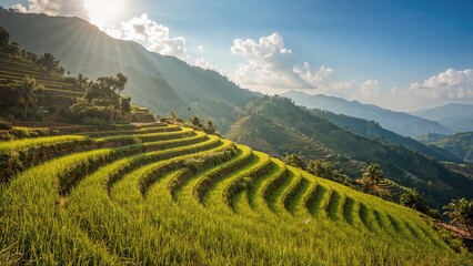 Layered rice fields on hilly terrain
