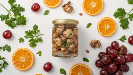Savory preserved mushrooms in a jar with fresh elements isolated on a white background