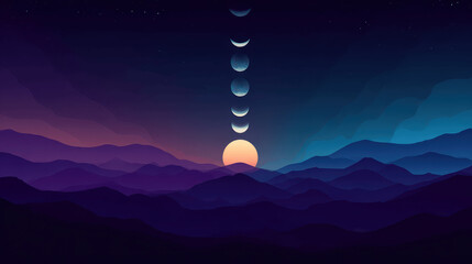 Abstract Moon Phases Over Colorful Mountains