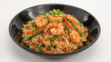 Black plate holding Thai-style prawn fried rice
