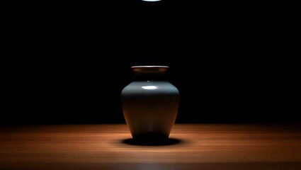 Elegant ceramic vase standing gracefully on a rich wooden surface under a focused spotlight creating dramatic shadows and highlighting textures