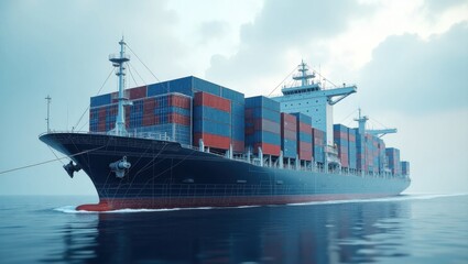 Buque con contenedores apilados visiblemente. Transporte marítimo de mercancías, diseño industrial para la logística y el comercio global