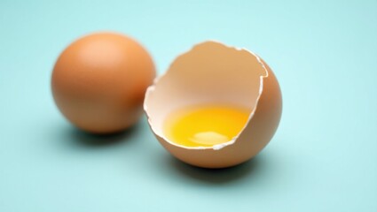 Dos huevos marrones con brillos sutiles y pequeñas crestas se encuentran uno al lado del otro sobre un fondo azul pastel suave, un huevo está abierto