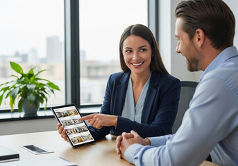 Smiling real estate agent discussing property options with client using digital tablet in modern office, professional and collaborative consultation moment.
