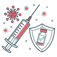 Flat illustration of syringe and vaccine vial with shield icon generated by ai