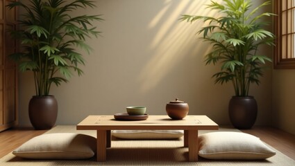 Rincón de té de inspiración zen con mesa baja de madera, cojines de suelo, plantas de bambú y una cálida iluminación ambiental