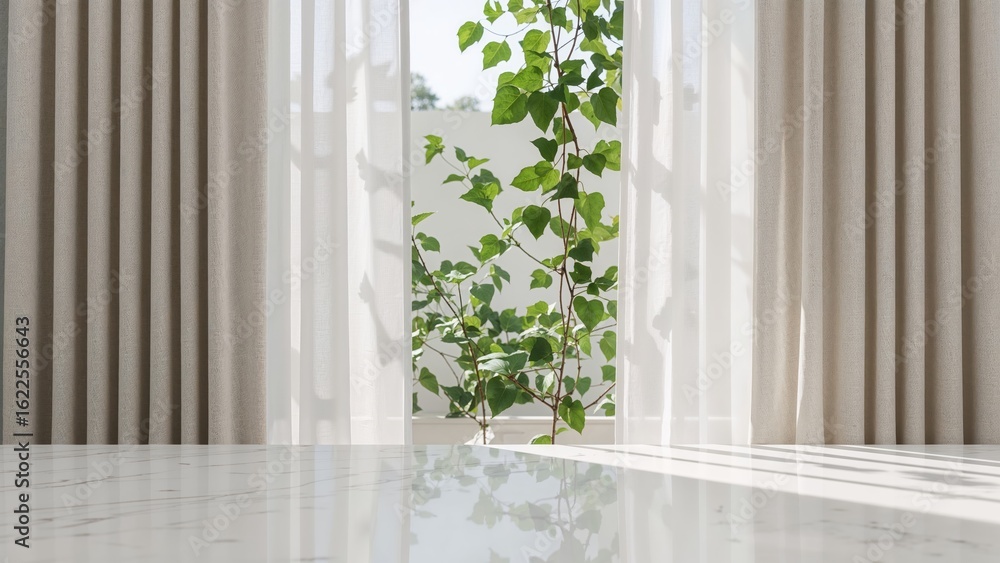 Poster minimalist counter design featuring marble top with selective focus and elegant product display agai