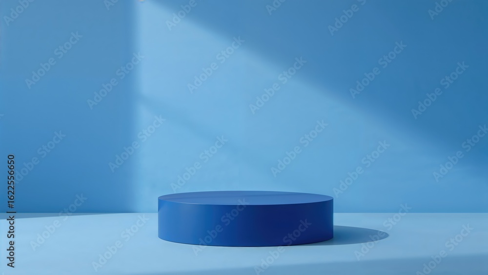 Poster showcase of an item set against a shadowed blue background with lighting. blank cubic stand. mockup.