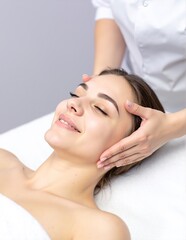 Naklejka premium A serene woman enjoys a rejuvenating facial massage, her eyes closed in relaxation, surrounded by soft lighting and calming spa decor.