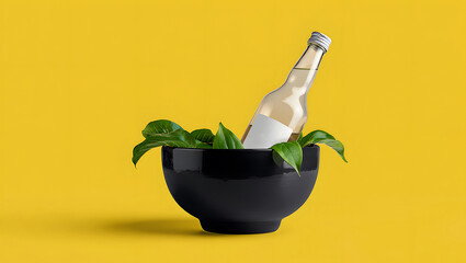 Elegant Glass Bottle Presentation with Lush Green Leaves in a Stylish Black Bowl on a Vibrant Yellow Backdrop creating a refreshing and inviting scene