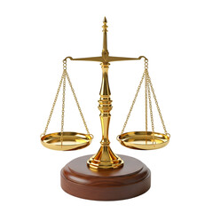 Elegant golden balance scales of justice resting on a polished wooden base against a stark black background
