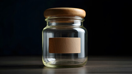 Elegant Glass Jar with Wooden Lid and Label on Dark Background for Product Mockup or Design Element
