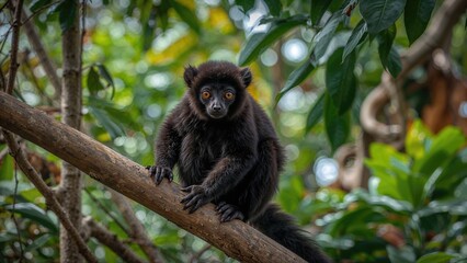 Naklejka premium Young black lemur perched amidst tree foliage in natural habitat