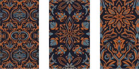 Ornate, repeating floral patterns in dark colors.