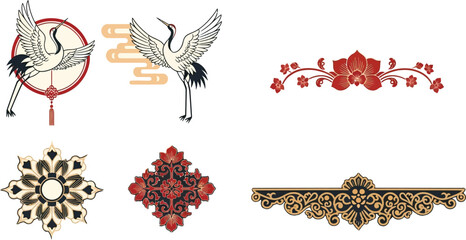 Ornamental design elements in Asian style, featuring cranes, flowers, and intricate patterns.