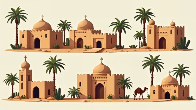Saudi Arabia authentic architecture vector illlustrations set. Traditional ancient Arabian houses, village, gates, mosque, beduin with camel.
