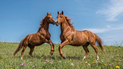 Energetic horses playfully run and jump on a verdant pasture, highlighting their lively essence in a serene outdoor scene.