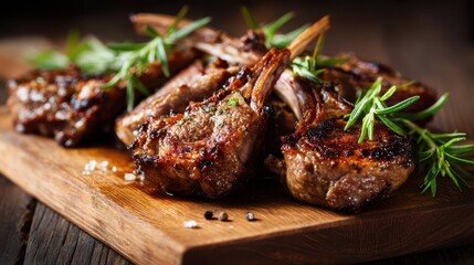 Juicy Lamb Chops on Wooden Cutting Board with Fresh Herbs