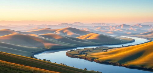 Serene rolling hills, meandering river, minimalist vector landscape ,  digital art,  scenery