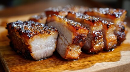 Crispy Pork Belly Slices with Juicy Edges on Wooden Cutting Board
