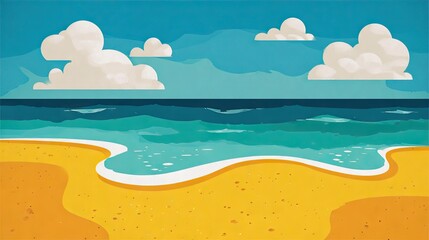 Colorful beach scene with ocean and clouds.