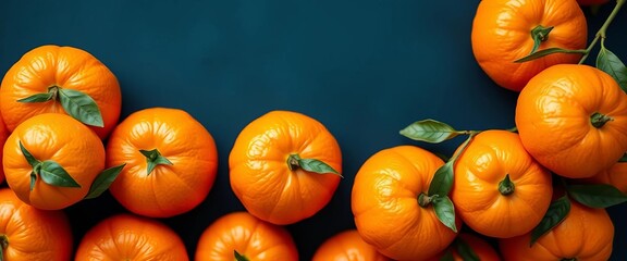 Several vibrant tangerines clustered on a dark blue background , photography props, organic