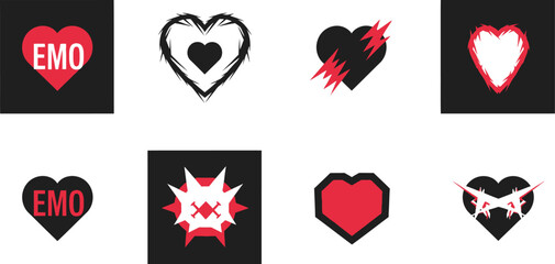 Collection of stylized hearts with different emotions, including distressed and angry hearts.