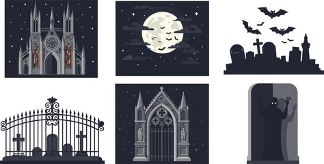 Six Halloween-themed illustrations of gothic architecture, graveyards, and spooky imagery.