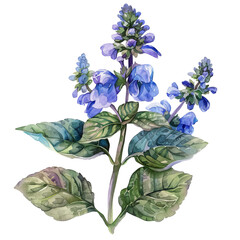 Watercolor Salvia Plant with Blue Flowers on transparent background