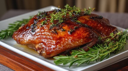 Juicy Roast Duck with Glossy Skin and Fresh Herbs on a Plate