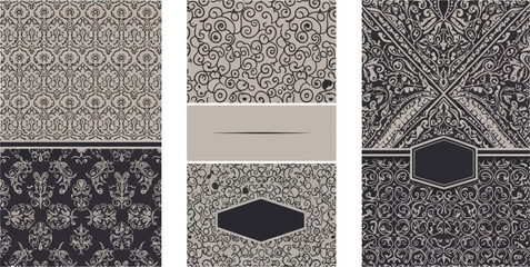 Set of ornate, patterned design templates in various shades of gray and black.