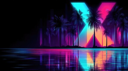 Neon palm trees by a body of water at night.