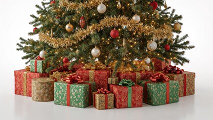 Wrapped presents arranged under festive pine