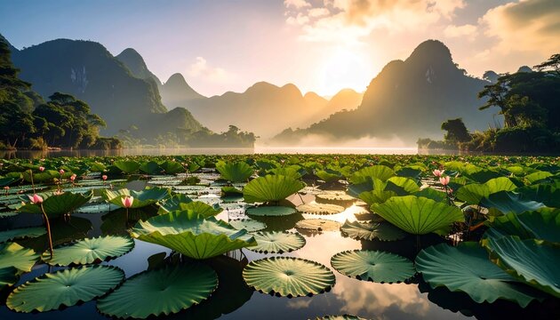 A breathtaking misty lake filled with water lilies and lotus flowers at sunrise, surrounded by majestic mountains, a serene and peaceful natural landscape