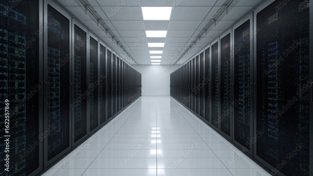 Poster visual of a large-scale data center filled with active servers. illustrates modern tech concepts lik