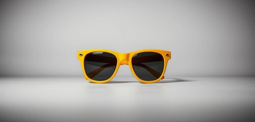 Sleek yellow sunglasses sit on a neutral grey backdrop,  contemporary,  fashion