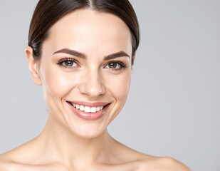 Obraz premium A woman with long, flowing brown hair stands confidently, her hair catching the light as she smiles warmly, wearing a casual, stylish outfit.