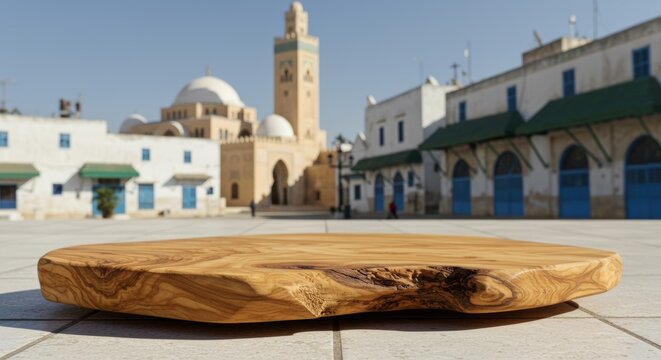 Olive wood presentation surface overlooking the Zitouna Mosque in Tunis medina