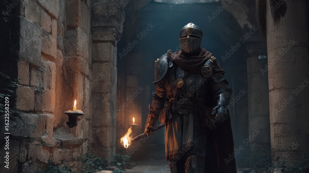Poster knight exploring dark dungeon with torch illuminating shadows