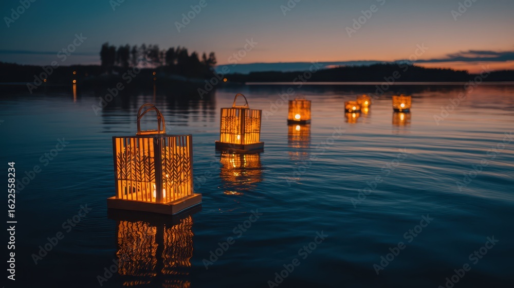 Poster floating lanterns on calm lake at dusk with serene reflection
