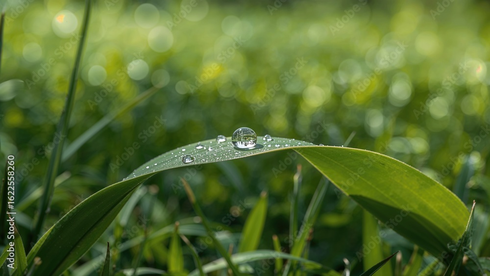 Poster banana leaf adorned with a single raindrop creating a tranquil backdrop