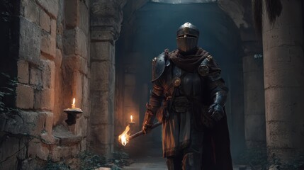 Fototapeta premium Knight Exploring Dark Dungeon with Torch Illuminating Shadows