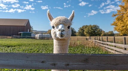 Obraz premium A curious alpaca peers over a rustic wooden fence.